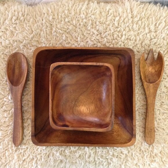 VINTAGE MCM Teak or Monkeypod Serving Set; Bowls, Spoon and Fork. Classic Style - Picture 5 of 5